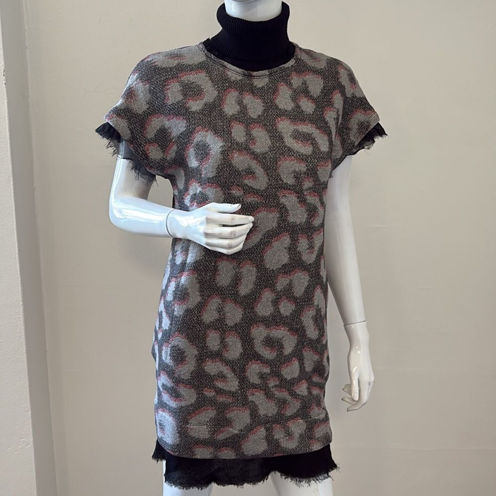 Vintage Y2K 00’s Diesel Gray & Pink Leopard Print Mini Sweater Dress w Silk Trim